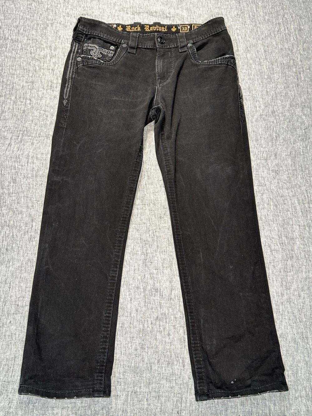 Rock Revival Jeans Mens 33x30 Black Ervine Straight Stretch Western Glam